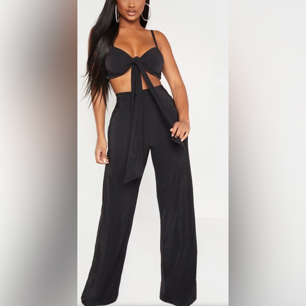 Pretty Little Thing Shape Black Slinky Wide Leg Trousers